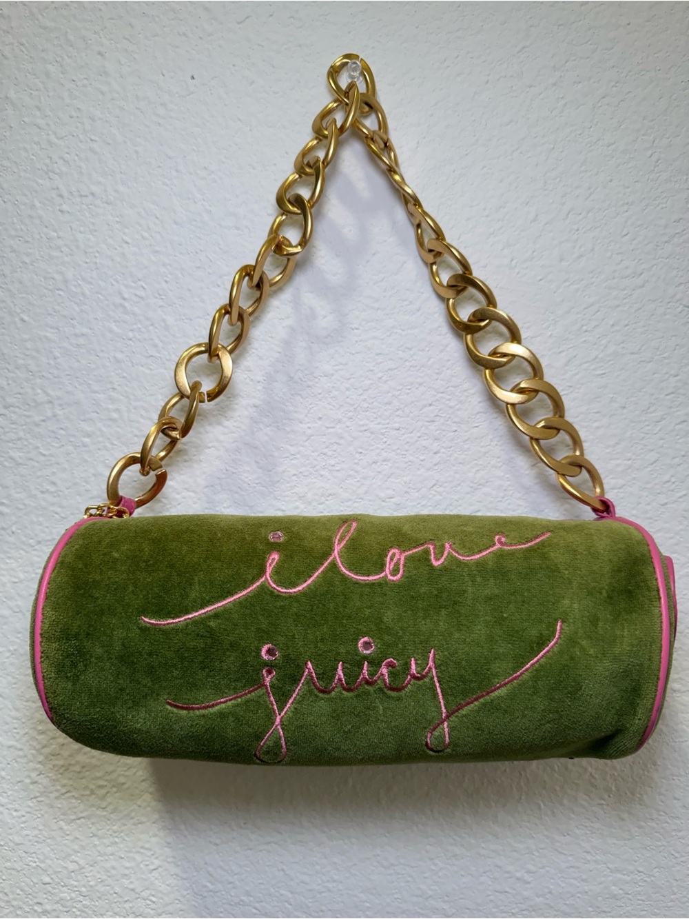 Vintage Juicy Couture Olive Green Suede Mini Bag with Pink Trim & Gold Chain